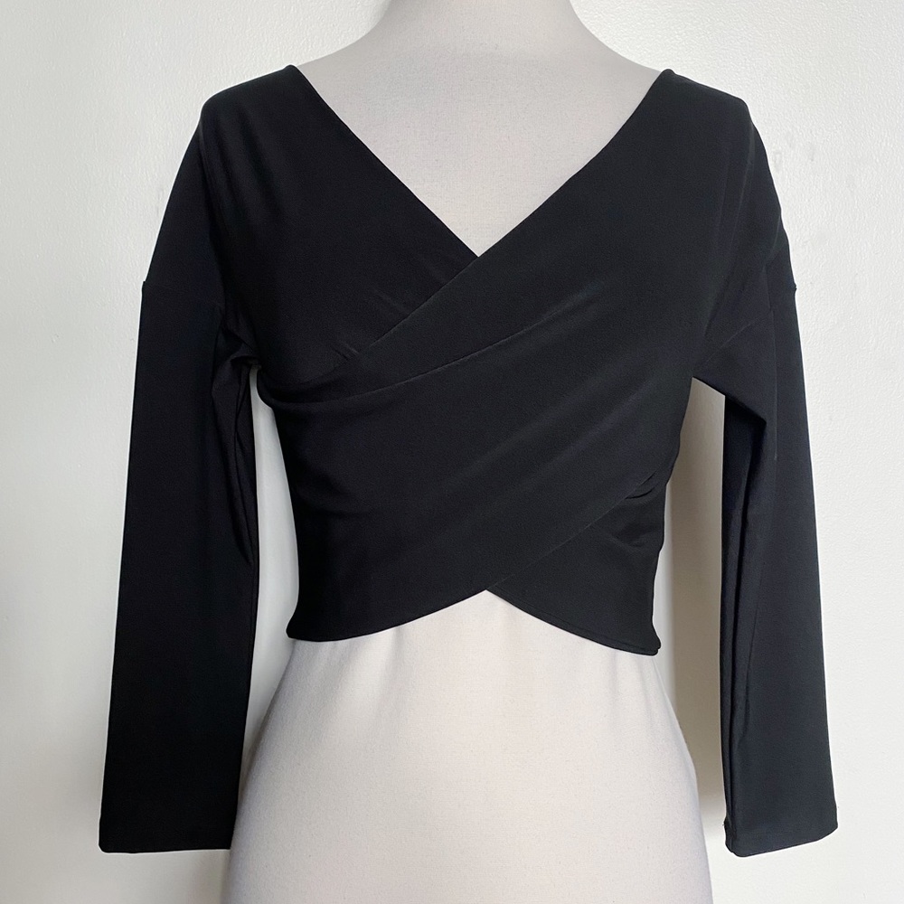 Line & Dot Black Wrap-Front Long Sleeve Crop Top